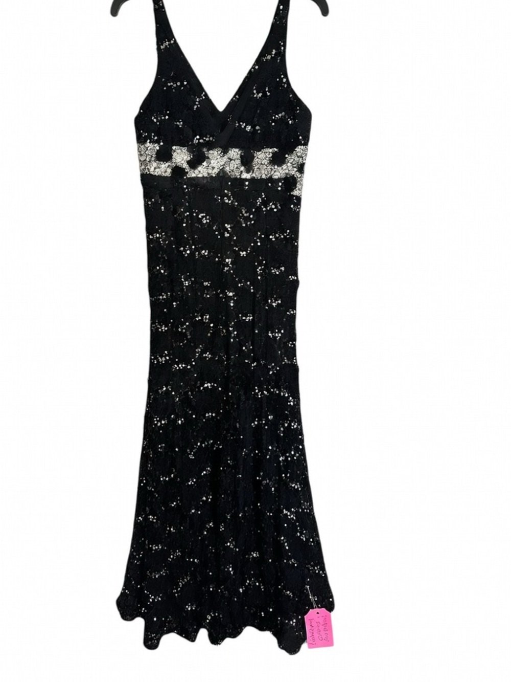 Y2K Black Sequin V-Neck Evening Dress with Silver Waist Detail size 9